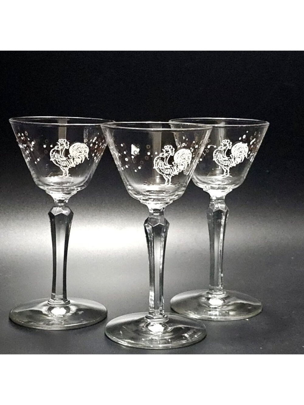 3 Drunkin Rooster Liquor Cocktail Glasses 5.75" Libbey Chanticleer 3oz midcentur